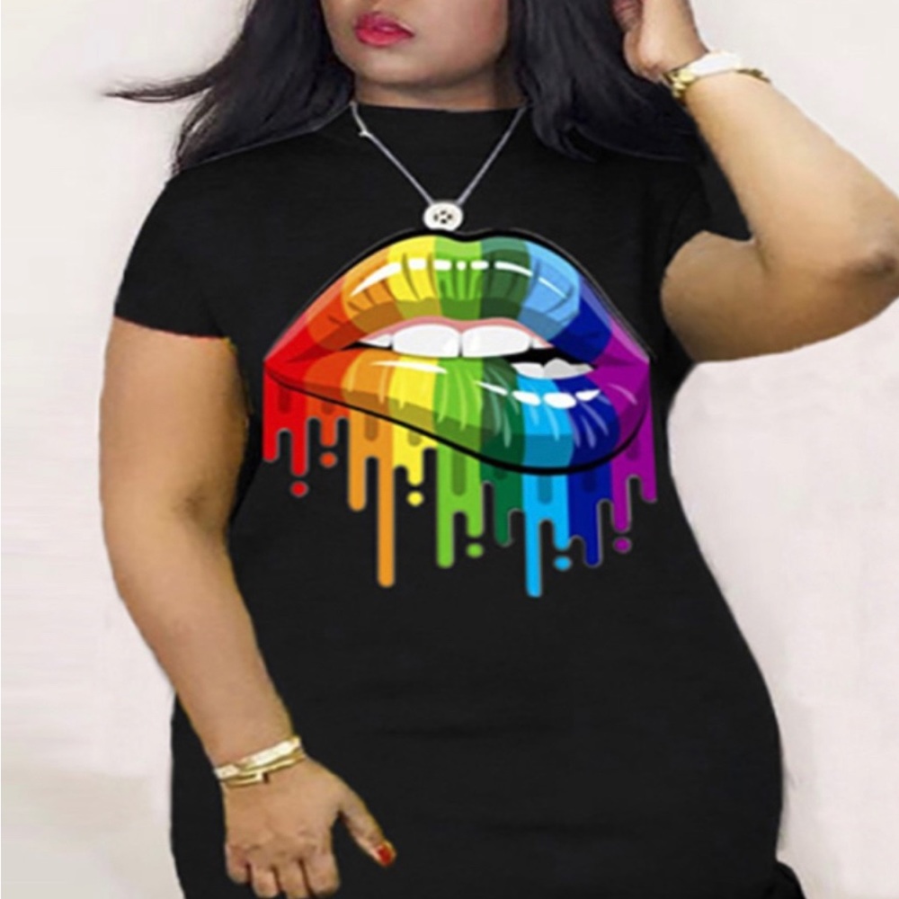 Plus Size Street Lip Print Knot Design Mini Dress